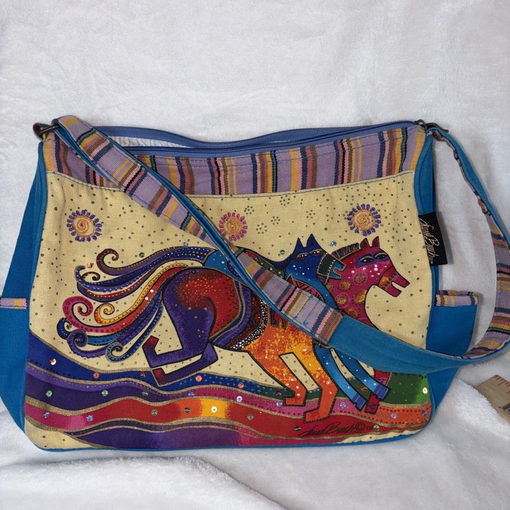 Vintage 90s Laurel Burch shoulder tote bag Dancing Horses Vibrant Whimsical NWOT